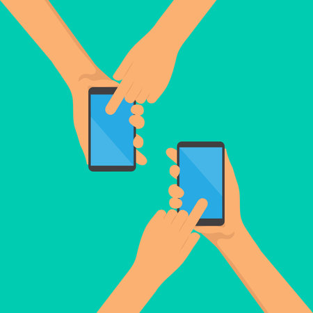 Two hands holding phone. Empty screen mock. Social network communication on mobile app. Application on touch screen mobile. Vector flat cartoon designのイラスト素材
