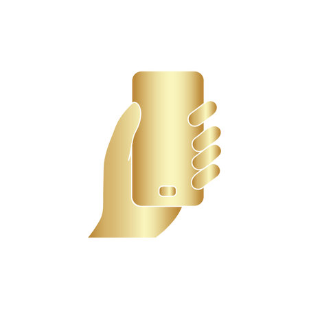 Hand hold the smartphone. Mobile phone touch screen in hand, icon flat designのイラスト素材