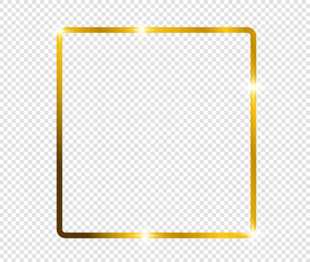 Gold shiny glowing square frame isolated on transparent background. Shiny frame with glowing effects. Vector illustration.のイラスト素材