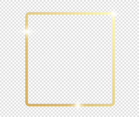 Gold shiny glowing frame with shadows isolated on transparent background. Golden luxury vintage realistic rectangle border. illustration - Vectorのイラスト素材