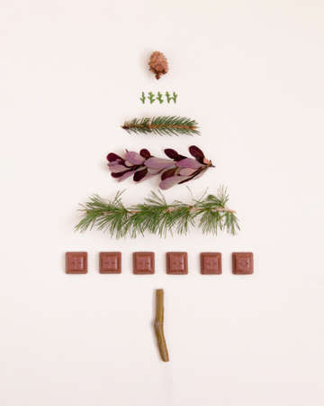Christmas tree made of fir branches, chocolate and pine cones. Flat lay creative New Year's composition.  Pastel background. 2022の写真素材