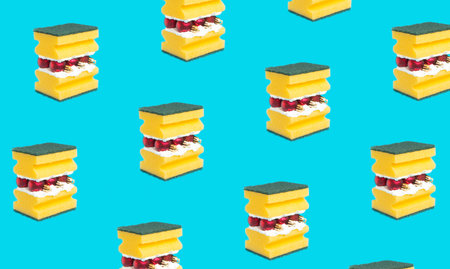 From a yellow dishwashing sponge and red Christmas decorations, made a hamburger. Pattern recipe for obesity. Blue background of a creative idea. Fast food.の写真素材