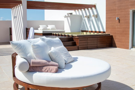 Sunlit patio in Cancun Mexicoの写真素材