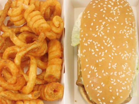 Grilled chicken burger and twister fries meal in the fast food box