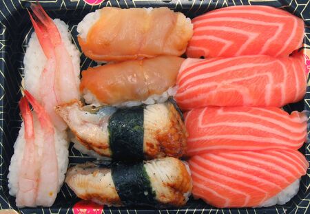 Sushi Plate with salmon, ark shell, eel and sweet shrimpの写真素材