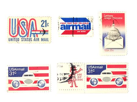 Stamps: US stamps - Air mail, isolated whiteの写真素材