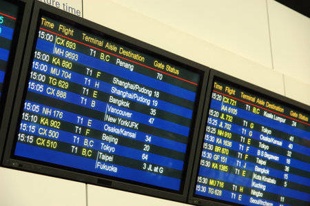 Flight departure information board at airportのeditorial素材