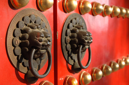 Close up of lion knob on a chinese temple doorの写真素材