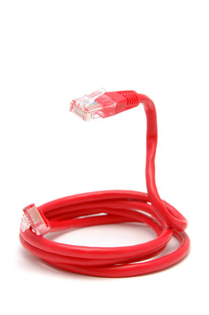 Red network cable in isolated white background