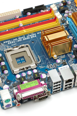 Computer motherboard over white background