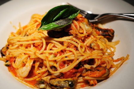 Seafood Spaghetti with prawn, clam and musselの写真素材