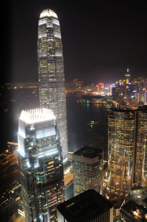 Aerial view of Hong Kong skyscrapers at night