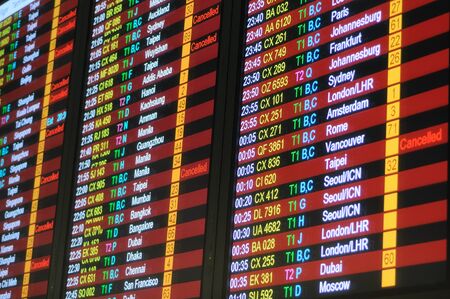 Flight schedule information board in Hong Kong International airportのeditorial素材