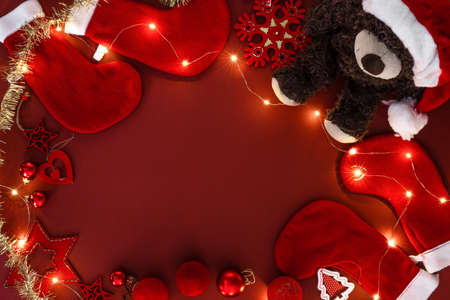 Christmas background with red decor. Top view with copy space.の写真素材