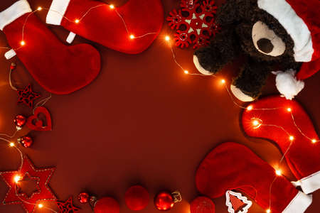 Christmas background with red decor. Top view with copy space.の写真素材