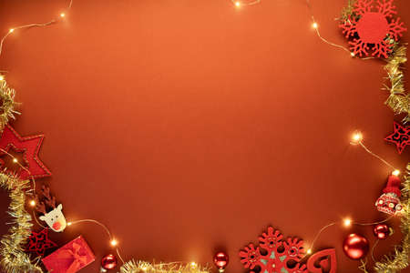 Christmas background with red decor. Top view with copy space.の写真素材