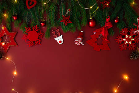 Christmas background with red decor. Top view with copy space.の写真素材