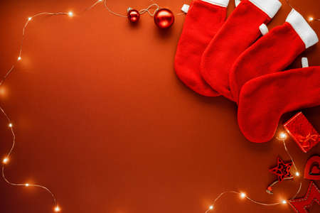 Christmas background with red decor. Top view with copy space.の写真素材