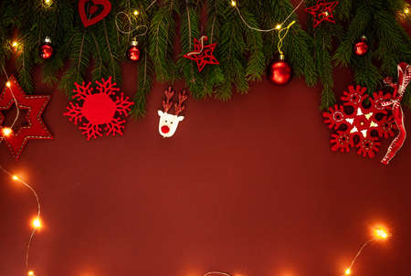 Christmas background with red decor. Top view with copy space.の写真素材