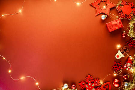 Christmas background with red decor. Top view with copy space.の写真素材