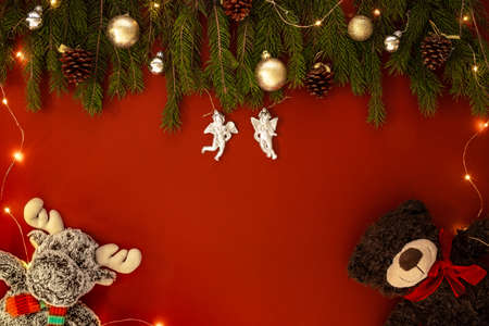 Christmas background with red decor. Top view with copy space.の写真素材
