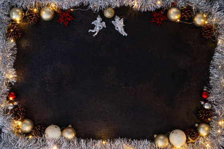 Christmas background with decor. Top view with copy spaceの写真素材