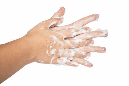 Woman hands isolated on white background. Washing hands with soap bubbles.の写真素材