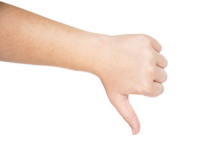 Isolated woman hand on white background. Showing dislike.の写真素材