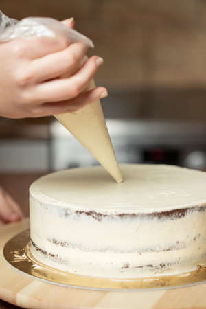 Young woman decorating a freshly baked cake in her kitchen. Food concept. Delicious.の写真素材