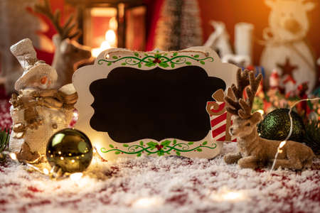 Christmas bord with copy space surrounded with christmas decorations. Christmas concept.の写真素材