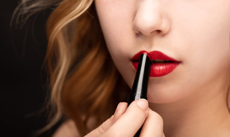 Makeup artist alpies red lipstick. Make up in process. Studio shot of a young beautiful model.