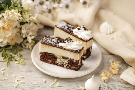 Chocolate cake with cocos on a wooden background