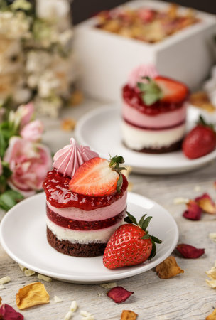 Mini strawberry cake on a white plate, surrounded with petals.