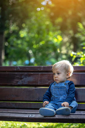 Little blond haired boy sitting in the nature and looking around.の写真素材