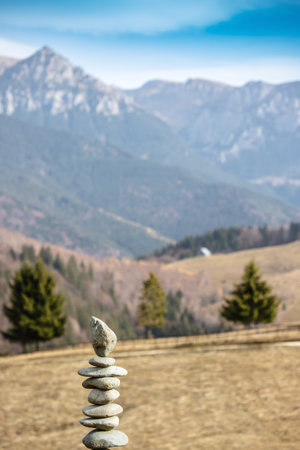 Colorful wallpaper. Stones on one another. Breathtaking view in the mountains.の写真素材