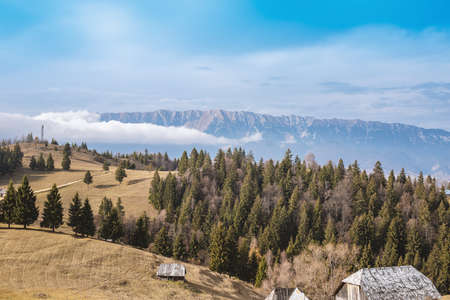 Breathtaking view in the mountains. Colorful wallpaper. Forest surrounded with mountains.の写真素材
