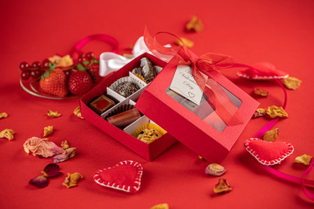 Valentine chocolate candies, gift box and red ribbon on a red background.の写真素材