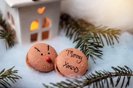 Christmas macarons on a cozy and warm background. Christmas time.の写真素材