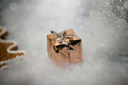 Gold gift in the snow, surrounded with christmas decoration.