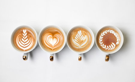 Latte art on white bacgkround. Four cup of latte on a white bacgkround.の写真素材