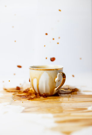Spilled coffee on a white bacgkround. Black coffee on a white backgorund.の写真素材