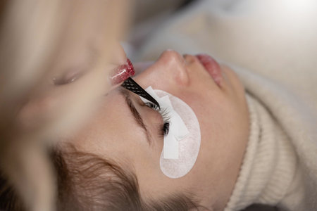 Eyelash Extension Procedure. Woman making eylash extensions for a girl.の写真素材