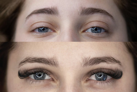 Eyelash extension before and afyter picture. Beautiful eyelash extensions.の写真素材