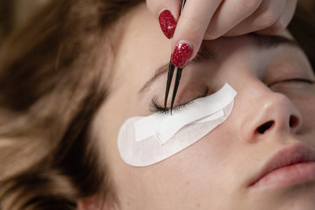 Eyelash Extension Procedure. Woman making eylash extensions for a girl.の写真素材