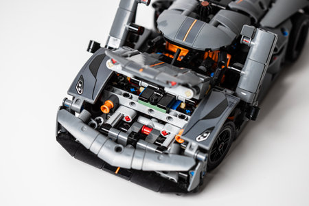 Lego sportcar on a white bacgkround. Unique lego racecar.の写真素材