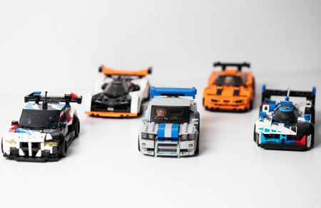 Lego sportcars on a white bacgkround. Unique lego racecars.の写真素材