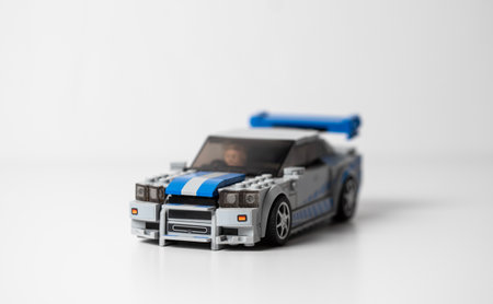 Lego sportcar on a white bacgkround. Unique lego racecar.の写真素材