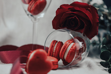 Red macvarons for Valentine's day. Red macarons on a  bright background.の写真素材