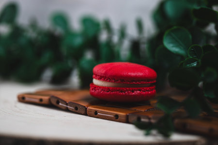 Red macvarons for Valentine's day. Red macarons on a  bright background.の写真素材