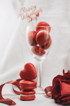 Red macvarons for Valentine's day. Red macarons on a  bright background.の写真素材